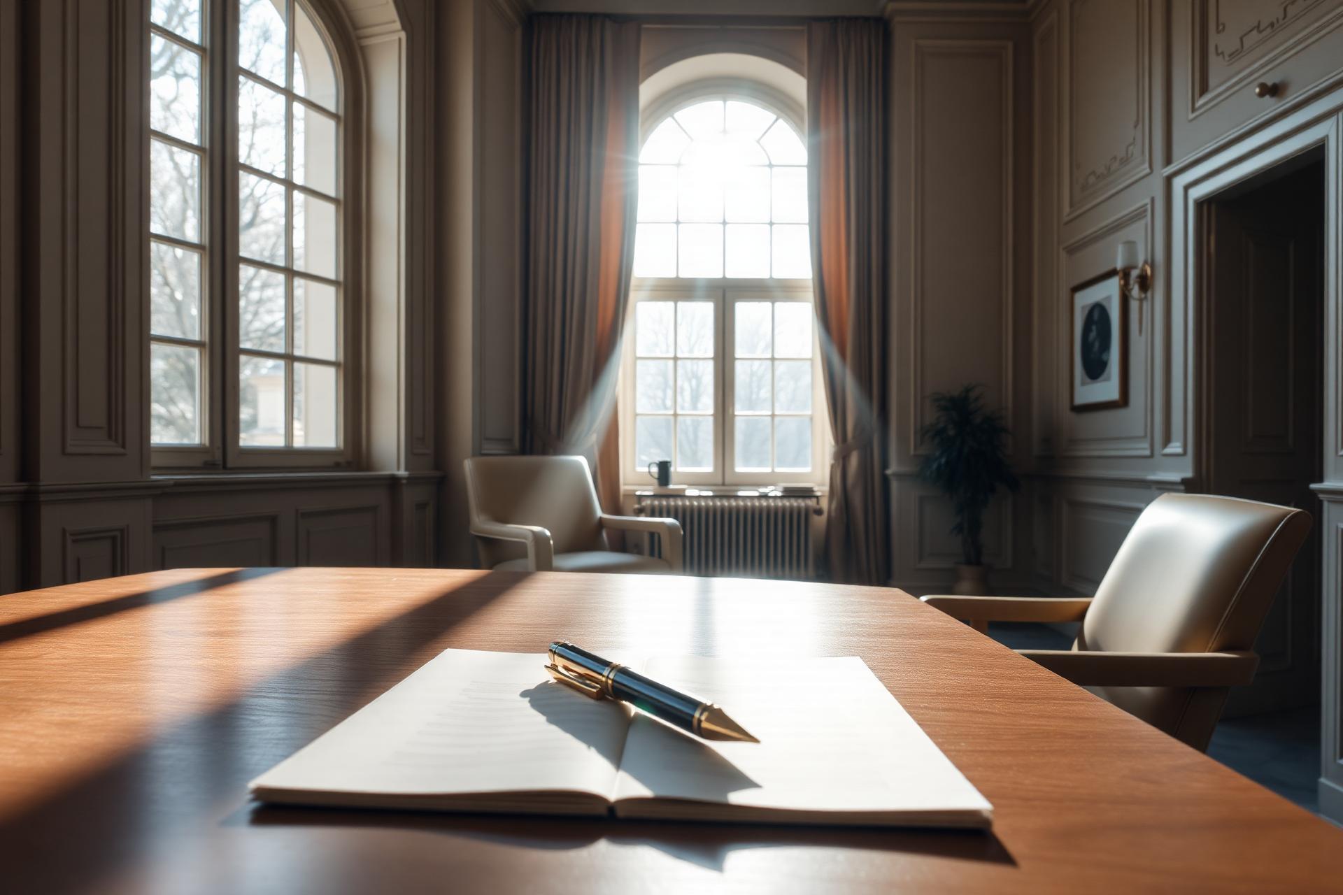 Sunlit European consulting office with documents on a wooden desk